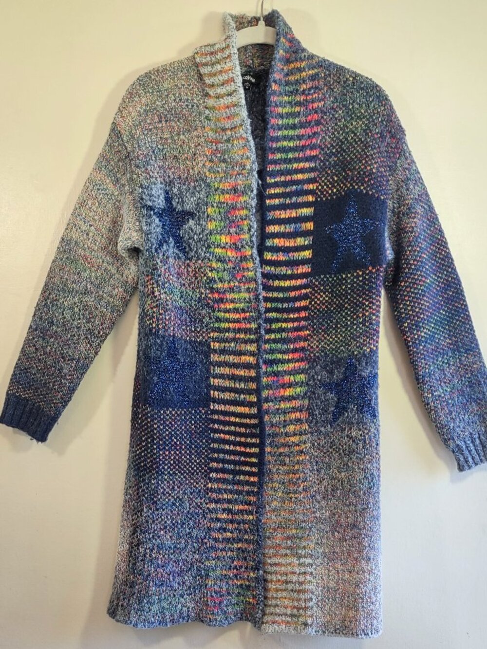 Patchwork Long Cardigan by Cocobleu Size Medium Blue Stars Boho Granola Folksy